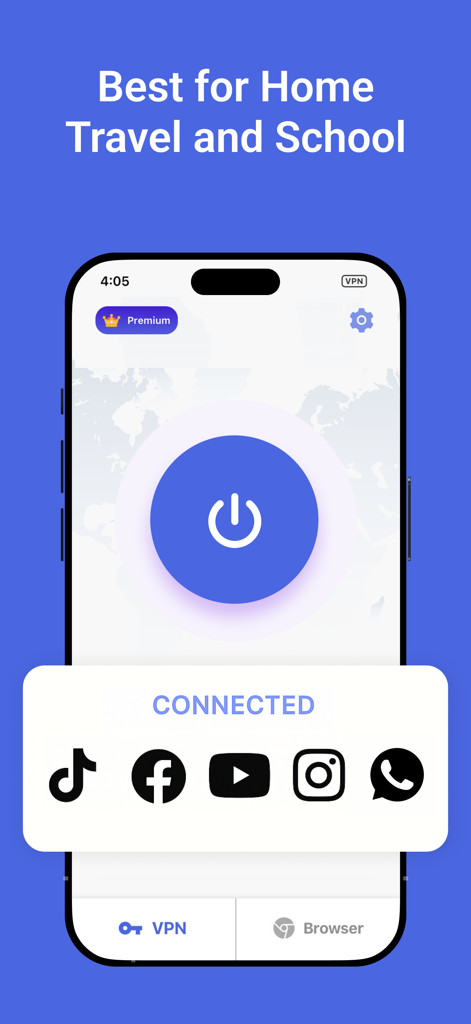VPN Z mobile app showing a secure connection status for social media icons