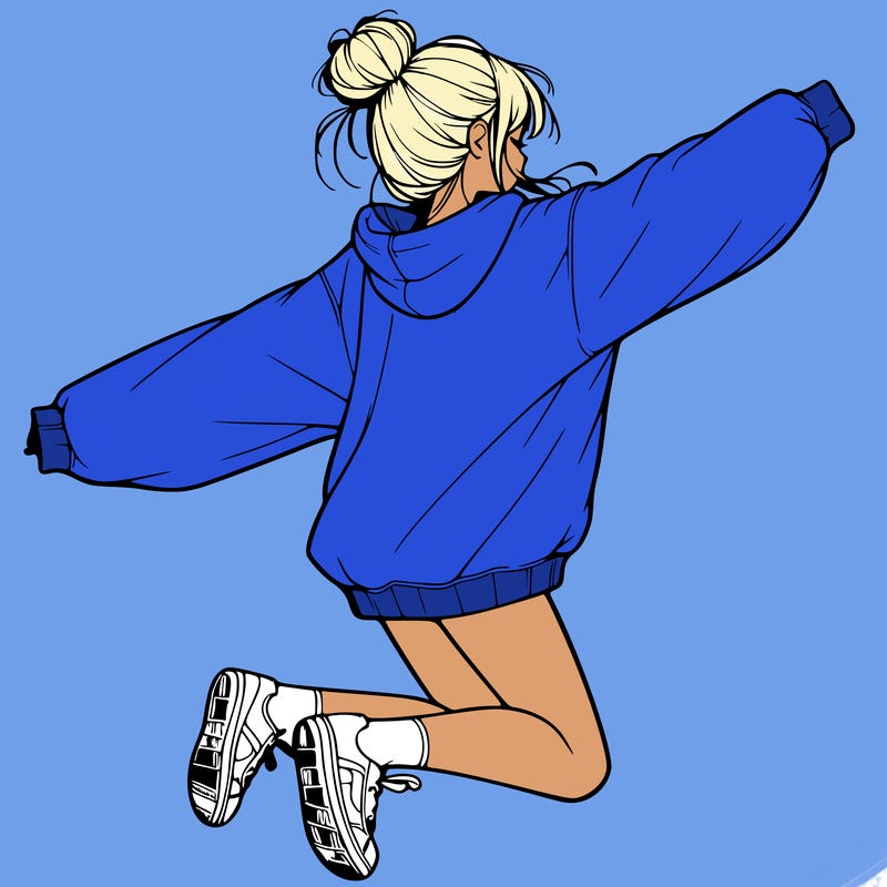 realistic girl jumping with a bun and oversized sweatshirt