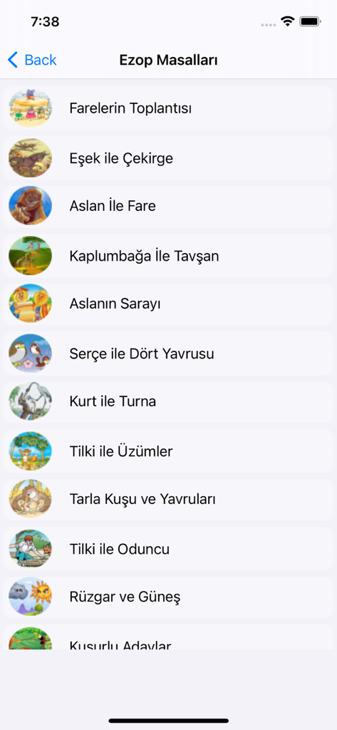 A list of Aesop's fables in Turkish with small illustrations and titles within the Masal Oku app.