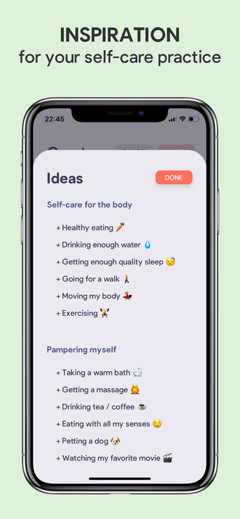 Sparkle: Self-Care Checklist - A screenshot of the Sparkle app showing a list of self-care inspiration ideas for the body and pampering.