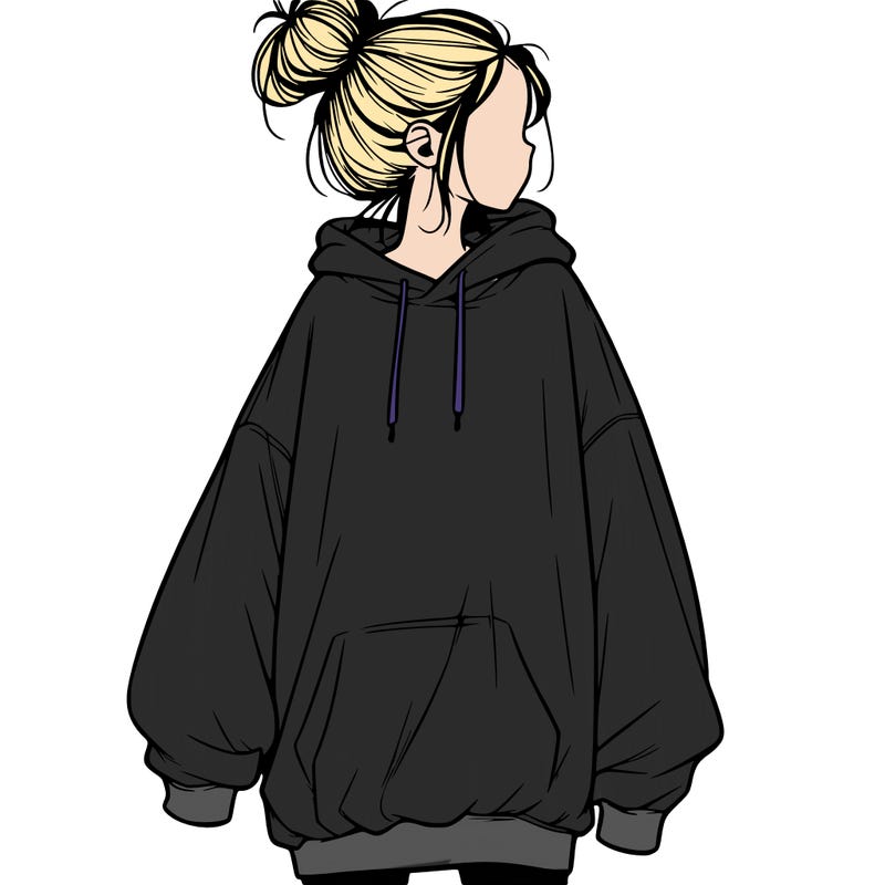 realistic girl with a oversized sweatshirt on and a bun