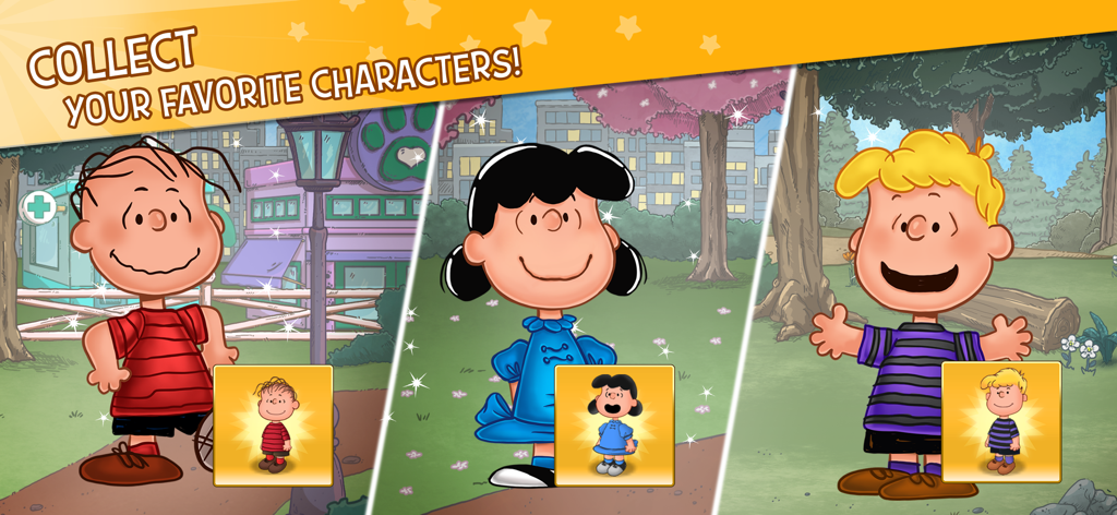 Peanuts: Snoopy Town Tale - ライナス、ルーシー、シュローダーといったピーナッツのキャラクターと、『お気に入りのキャラクターを集めよう』というテキストが表示されたプロモーション画面。