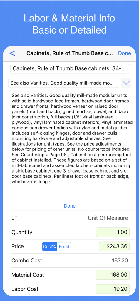 Interface showing detailed labor and material cost breakdown for cabinet installation in a contractor app