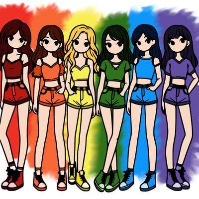 a group of girls wearing crop tops and shorts