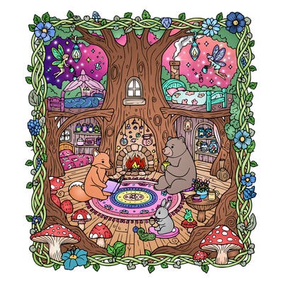 family of woodland animals that live in a magical wonderland of a  cozy home, fairies,