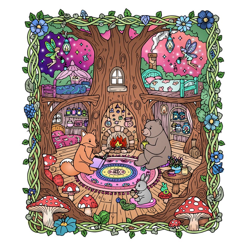 family of woodland animals that live in a magical wonderland of a  cozy home, fairies,