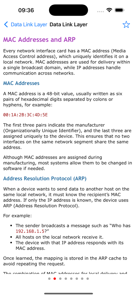 Learn Computer Networking - Educational screen of a networking app explaining MAC addresses and the Address Resolution Protocol