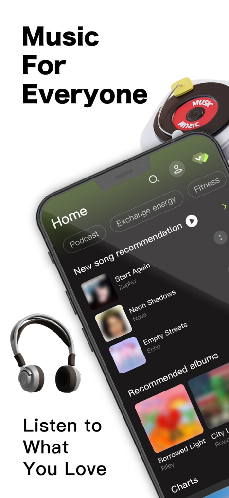 Offline Music Player # Mp3 - Interfaz de la aplicación Reproductor de Música sin Conexión mostrando recomendaciones de música personalizadas y categorías