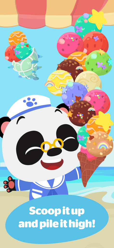 Dr. Panda Ice Cream Truck 2 - Dr. Panda holding a giant ice cream cone with multiple colorful scoops on a tropical beach