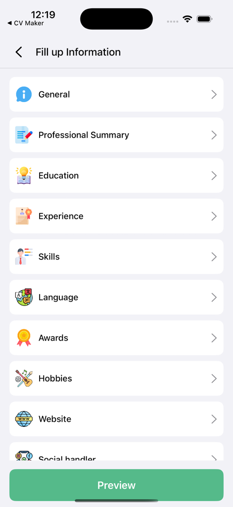 CV Maker, Resume Maker - プロフェッショナルサマリー、学歴、職歴などのさまざまな履歴書セクションを示すCVメーカーアプリのモバイルインターフェイス