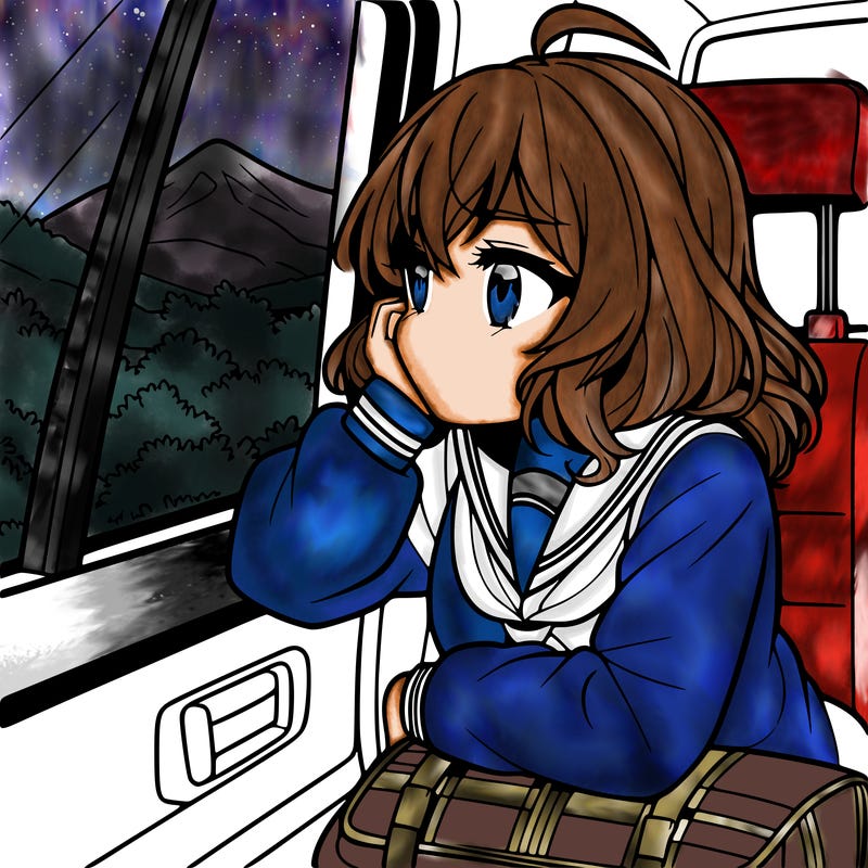 anime girl sighing with elbow on window sill on the back seat of the car looking outside the window of the car
