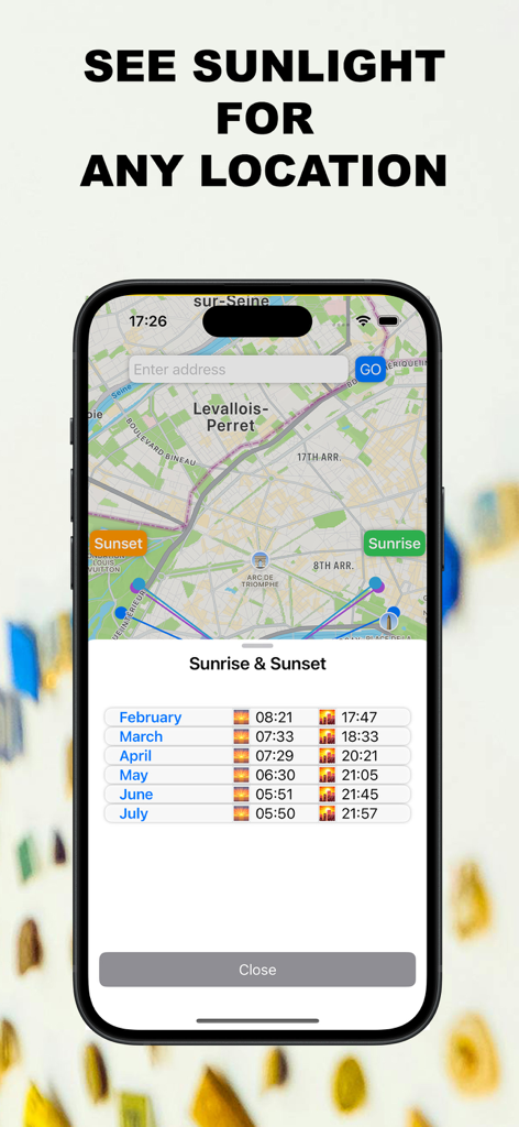 Application mobile SunPath affichant la carte du parcours du soleil et les heures de lever et de coucher du soleil pour plusieurs mois