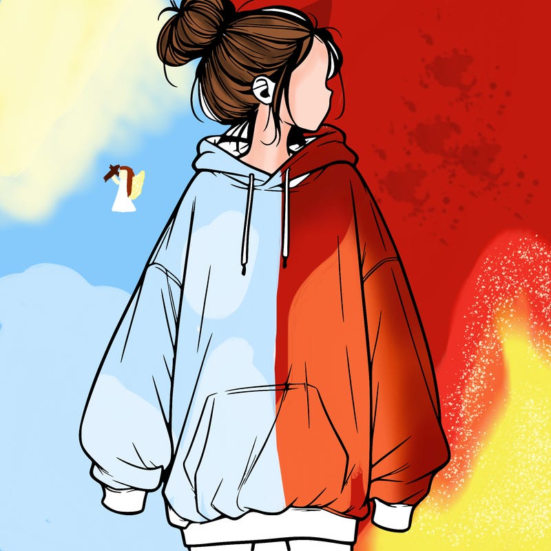 realistic girl with a oversized sweatshirt on and a bun