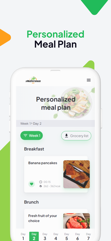 Personalized Mediterranean meal plan interface showing daily recipes and grocery list features