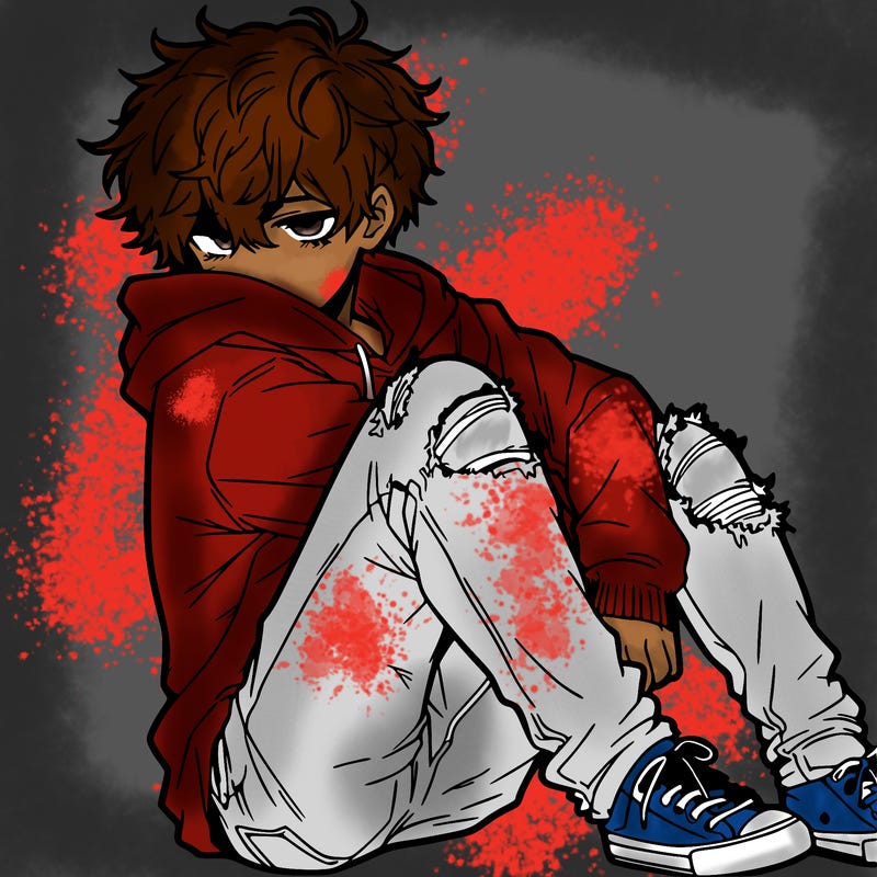 a male hoddie ripped jeans messy hair anime