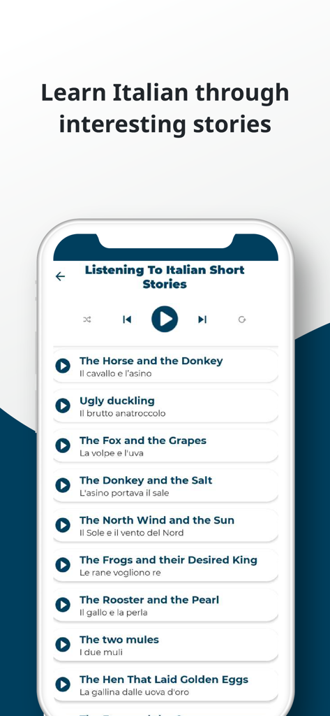 Mobile app screen showing a list of Italian short stories with English translations for language learners.