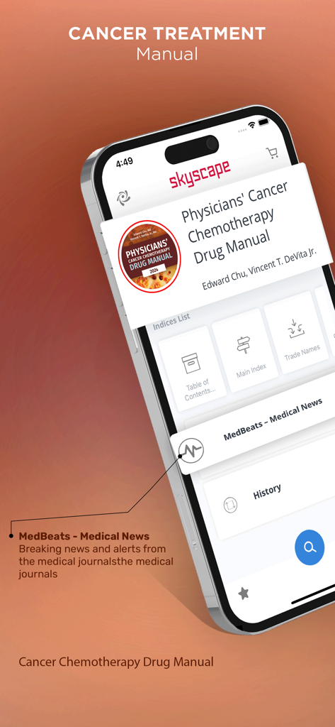 Cancer Chemotherpy Drug Manual - Smartphone screen showing the Physicians Cancer Chemotherapy Drug Manual app interface with medical news and search indices