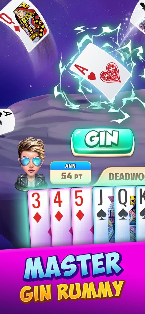 Gameplay screenshot of Gin Rummy Stars featuring a custom avatar and strategic card sequences with the text Master Gin Rummy