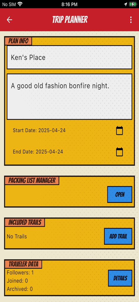 Interfaz del planificador de viajes de la aplicación Overlander que muestra detalles para una aventura nocturna de fogata, incluida la lista de empaque y las opciones de ruta