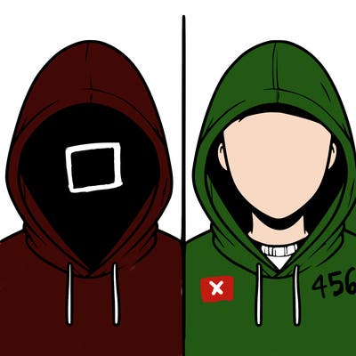 a person with a hoodie and no face, the drawing is split in 2