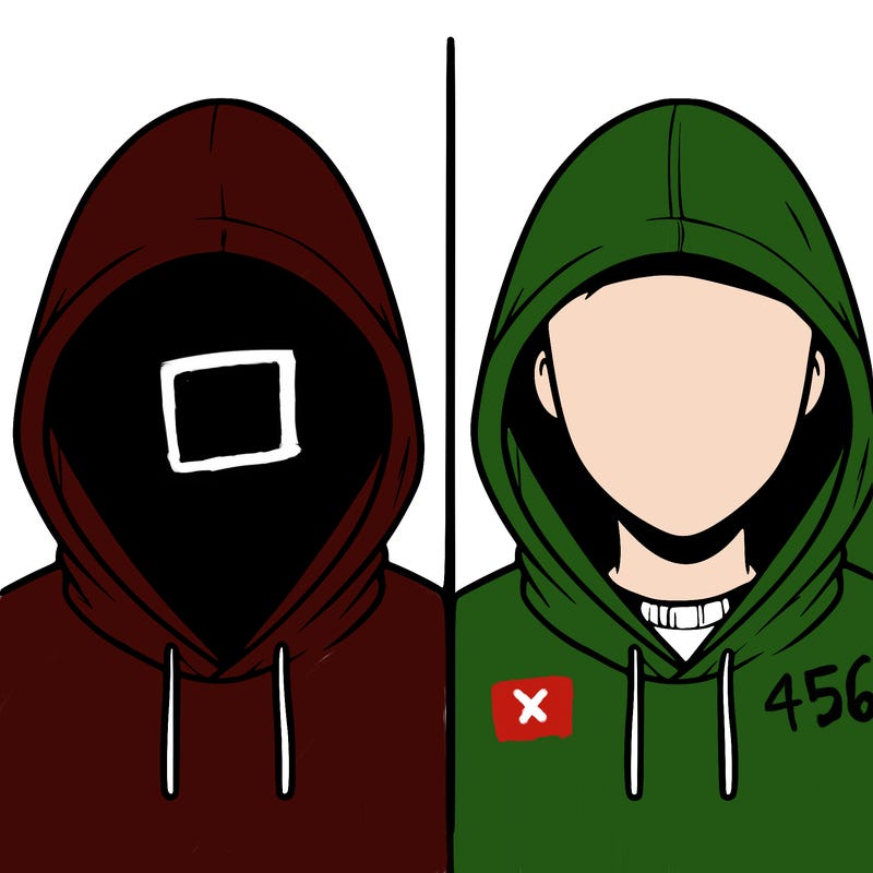 a person with a hoodie and no face, the drawing is split in 2