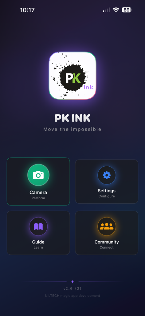 PK-INK - Main menu of the PK-INK digital magic app featuring performance camera, settings, guide, and community options.
