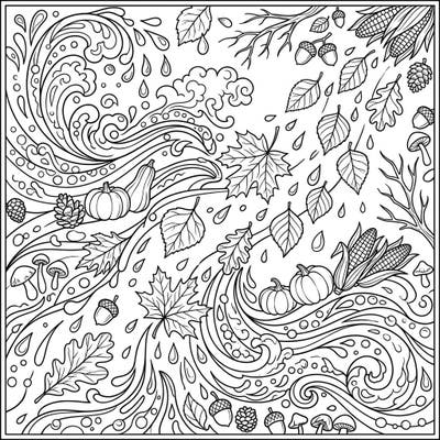 Immerse yourself in the captivating blend of autumn's bounty and fresh aquatic elements with this intricate coloring page. Discover pumpkins, falling leaves, and swirling water patterns, ready for your creative touch.