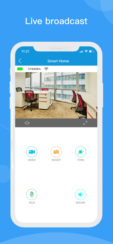 CamSC Pro - Interfaz de la aplicación CamSC Pro que muestra una transmisión de cámara de seguridad en vivo de una oficina