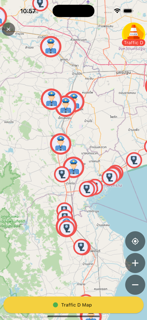 รายงานจราจร รถติด traffic D - Map interface of the Traffic D app showing real-time community reported police checkpoints and speed cameras