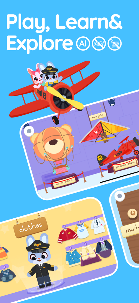 Giggle Academy - Play & Learn - Interfaz de la aplicación Giggle Academy mostrando niños aprendiendo a través de juegos con conejos animados en un avión y una actividad de vestirse.