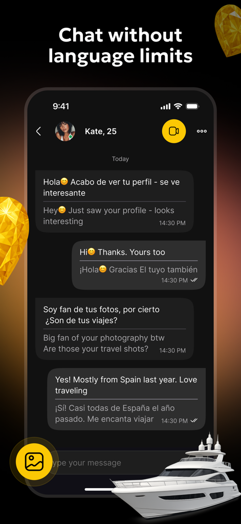 Uma tela de celular mostrando o recurso de tradução de chat em tempo real do aplicativo Lola entre inglês e espanhol.