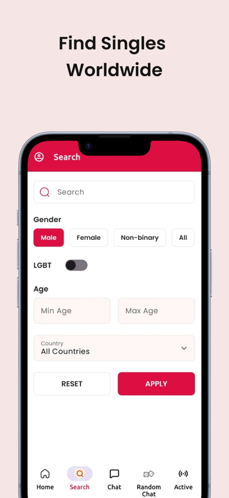 Flirtify: Chat & Meet Singles - Interface de busca do aplicativo Flirtify mostrando filtros para gênero, faixa etária e país.