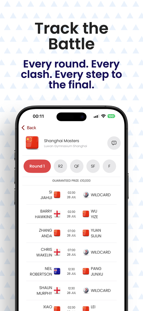 Snooker Live - Snooker Live app interface showing the Shanghai Masters tournament schedule with player names and match times.