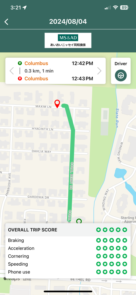 Visual Drive - Visual Drive app screen displaying a trip map and five-star scores for driving safety maneuvers