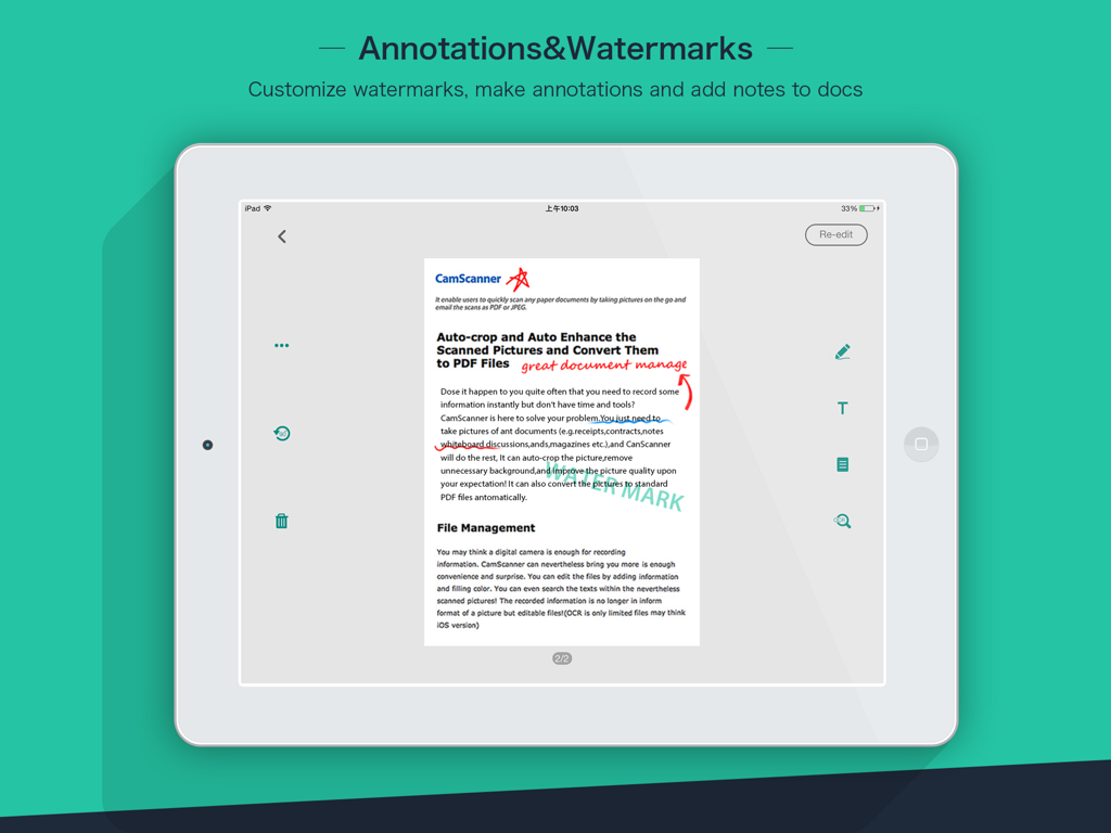 CamScanner HD - Aplicación CamScanner HD en iPad mostrando anotaciones de documentos y marcas de agua personalizadas
