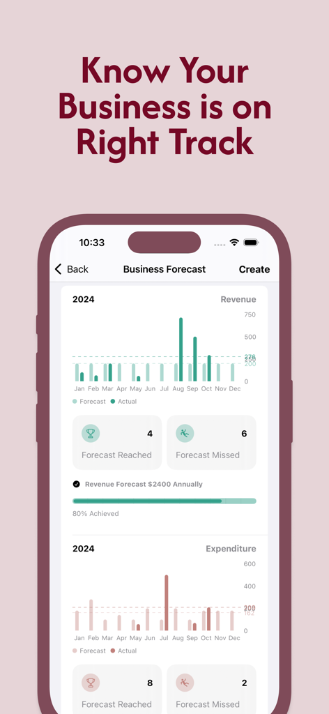 Accounting Bookkeeping Ledger - Business forecast screen showing revenue and expenditure bar charts with monthly comparisons.