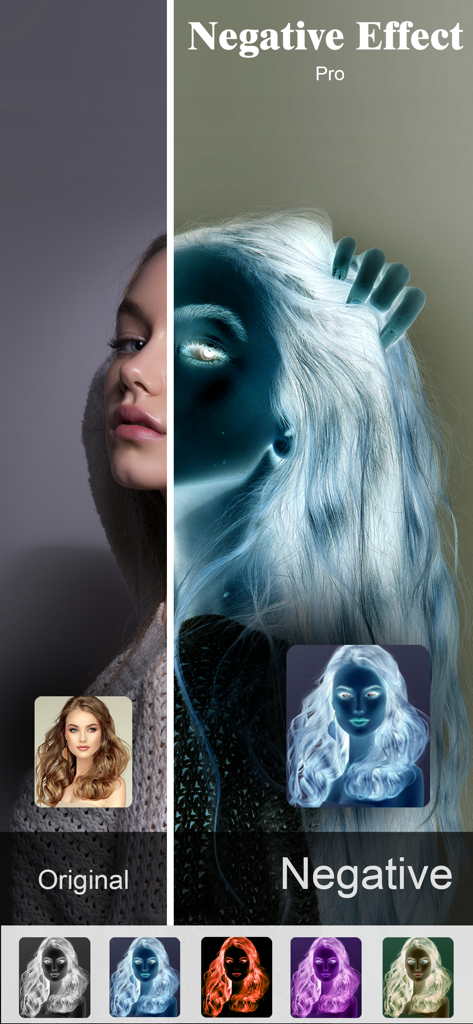 Uma tela dividida mostrando um retrato com a visualização original e o efeito negativo aplicado