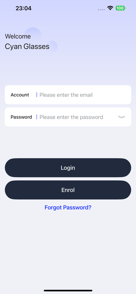 Login screen of the Cyan Glasses companion app for smart glasses