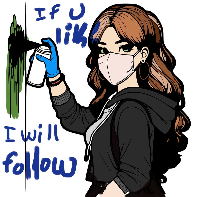 realistic girl with mask spray painting a wall