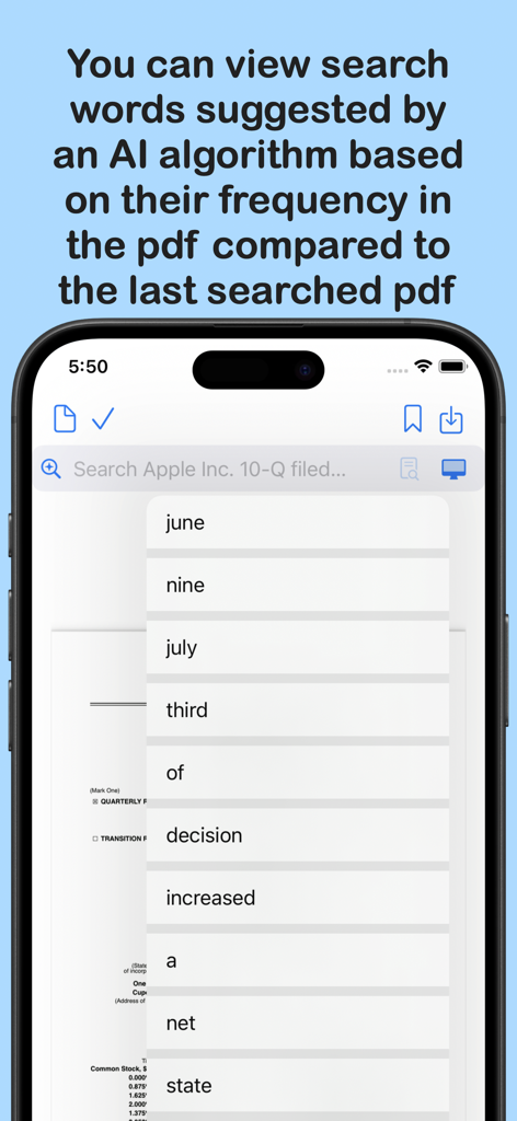 Pdf Text Search - 用語頻度に基づいてPDF検索のためにAIが提案するキーワードを表示するモバイルアプリインターフェース