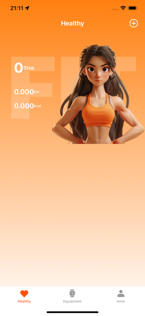 Fit-here app activity dashboard showing steps distance and calories with a 3D animated character