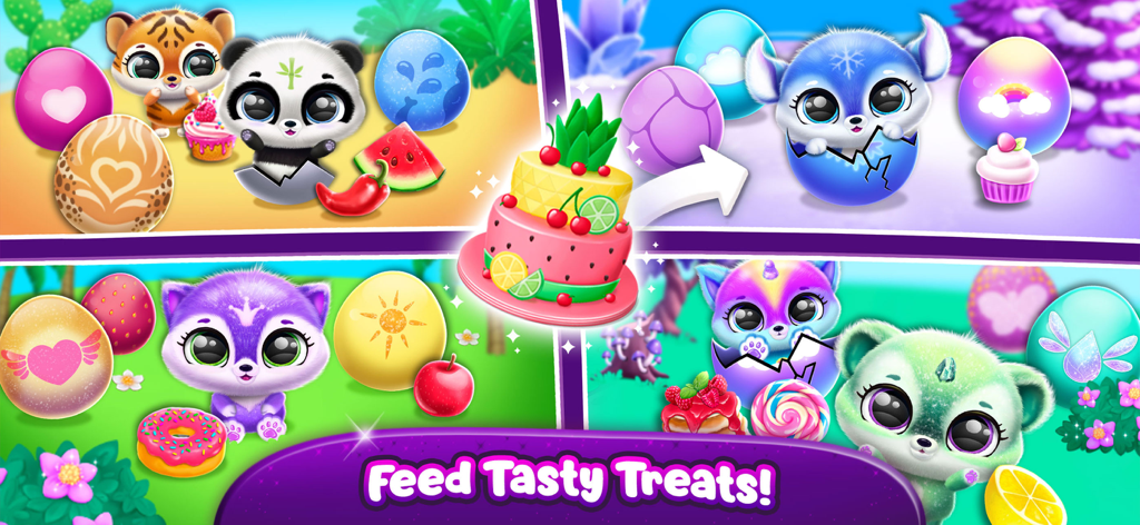 Fluvsies Pocket World - Cute pets in Fluvsies Pocket World surrounded by colorful eggs and tasty treats like cakes and donuts