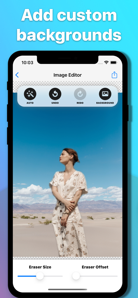 Mobile app interface for adding custom backgrounds to photos using AI.