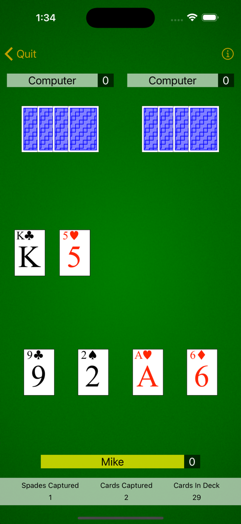 Cassino! - Jugabilidad del juego de cartas Cassino mostrando cartas sobre un fondo verde con estadísticas de jugador