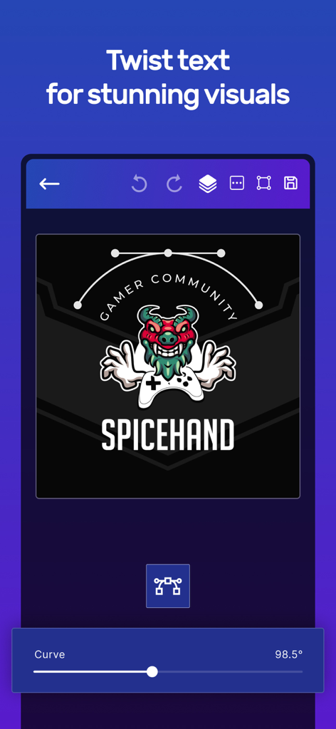 Gaming Logo Esport Maker - An esports logo maker app interface demonstrating how to curve text around a mascot logo using a slider.