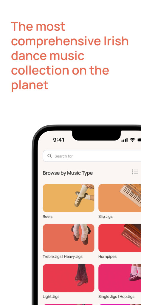 Schermata di navigazione dell'app Feis che mostra le categorie di musica per la danza irlandese come Reels e Slip Jigs.