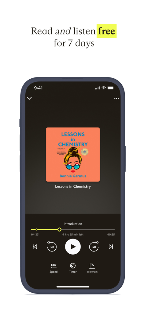 Everand App-Oberfläche des Hörbuch-Players mit Wiedergabesteuerung