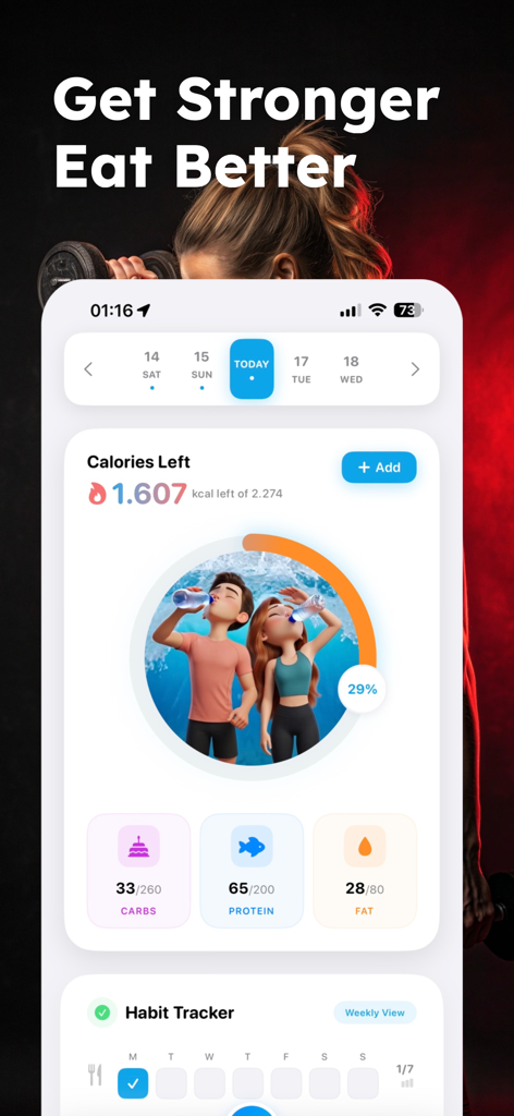 Insane - AI Cal Fit Tracker - Interface of the Insane AI Fit Tracker app showing calorie counting and macronutrient progress for carbs, protein, and fat.