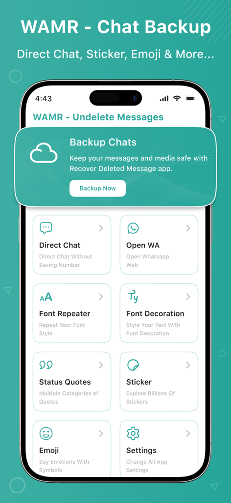 WAMR - Undelete messages - WAMR app dashboard showing features like chat backup direct chat and font decoration