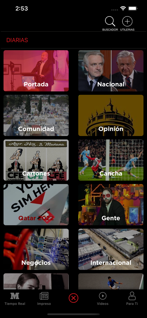 MURAL - Captura de pantalla de la aplicación de noticias MURAL mostrando diferentes secciones como Opinión Nacional, Negocios y Deportes